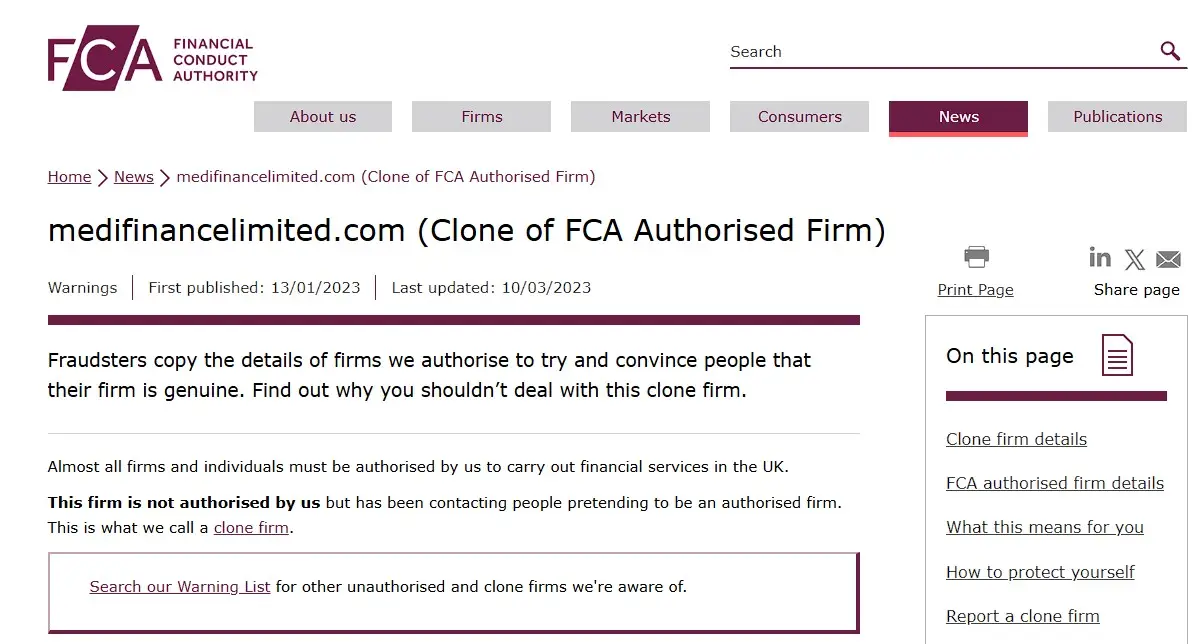 Проверка Medifinance limited в реестрах FCA Проверка Medifinance limited в реестрах FCA