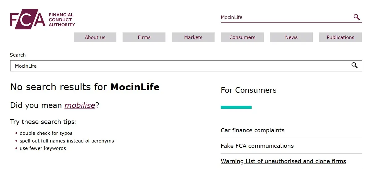 Проверка MocinLife в реестрах FCA Проверка MocinLife в реестрах FCA