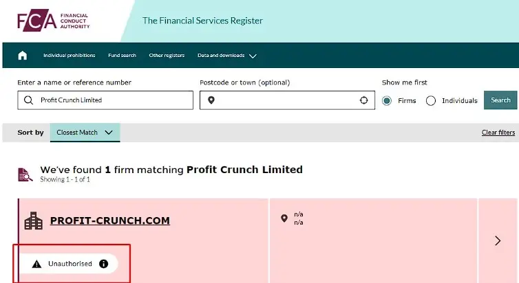 Проверка брокера Profit Crunch Limited в реестрвх FCA Проверка брокера Profit Crunch Limited в реестрвх FCA