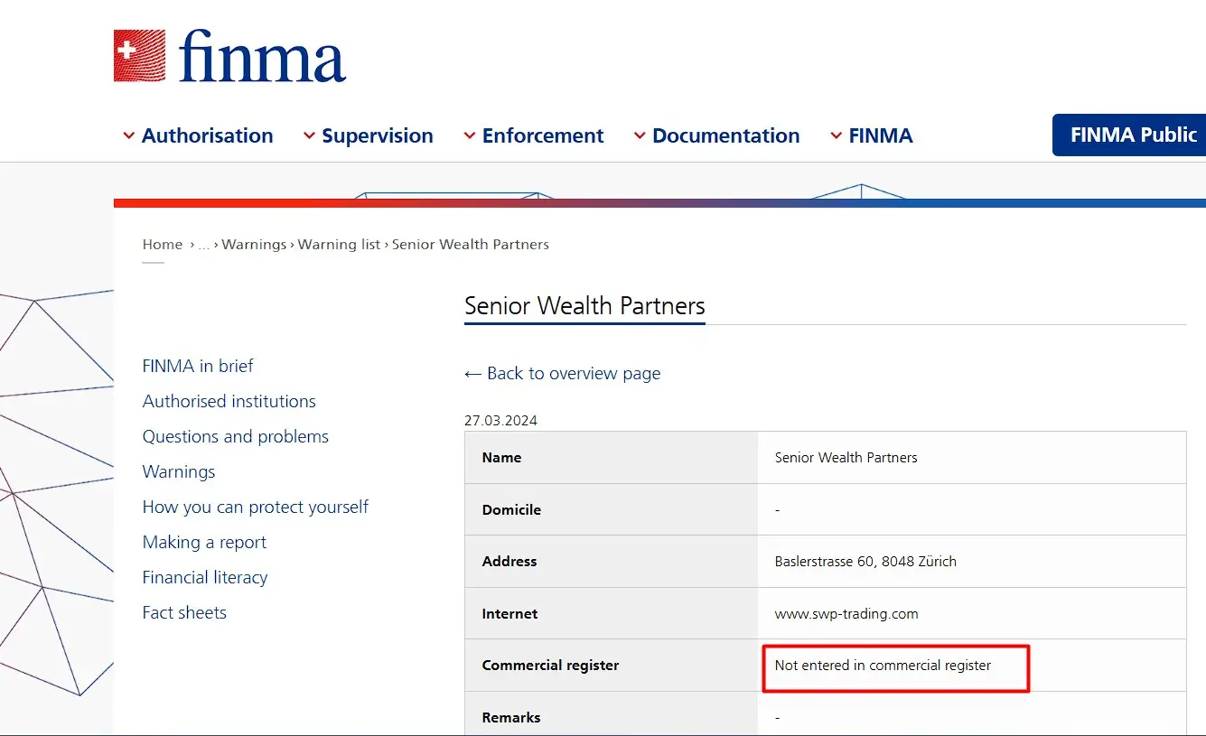 Проверка Senior Wealth Partners в реестрах FINMA Проверка Senior Wealth Partners в реестрах FINMA