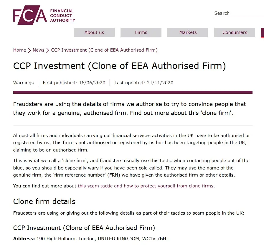 Проверка CCP Investment в реестрах FCA