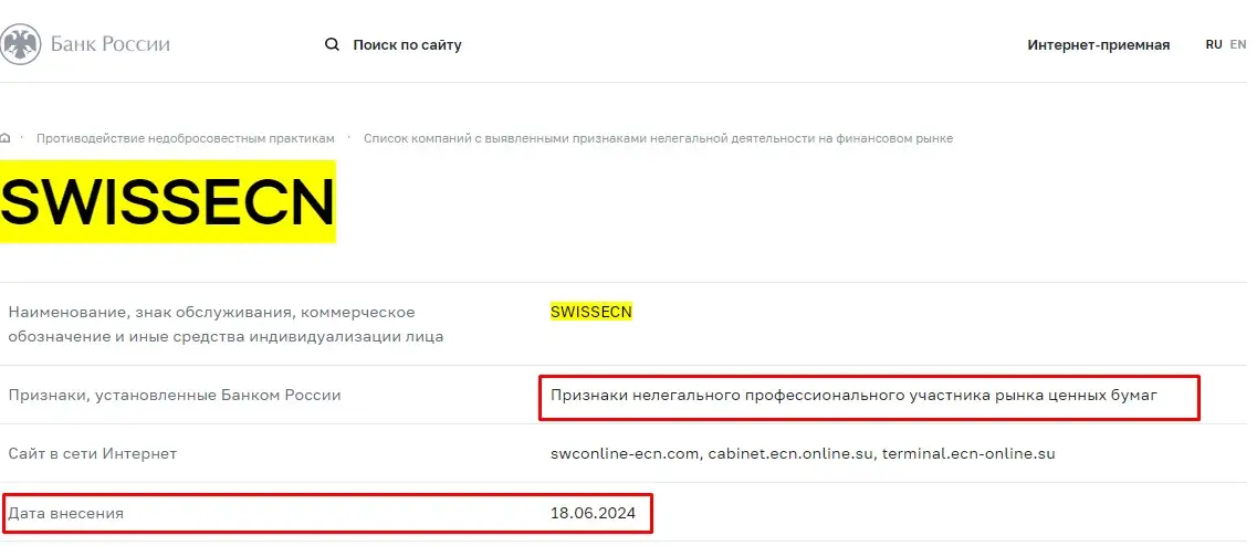 Проверка Swissecn в реестрах Центробанка Проверка Swissecn в реестрах Центробанка