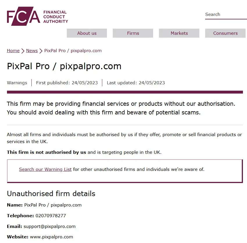 Проверка Pixpal в реестрах FCA Проверка Pixpal в реестрах FCA