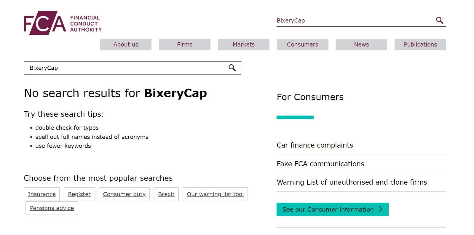 Проверка BixeryCap в реестрах FCA Проверка BixeryCap в реестрах FCA