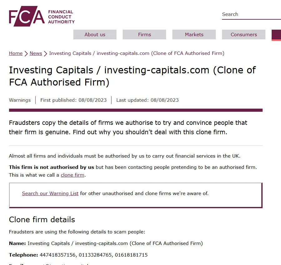 Проверка Investing Capitals в реестрах FCA Проверка Investing Capitals в реестрах FCA