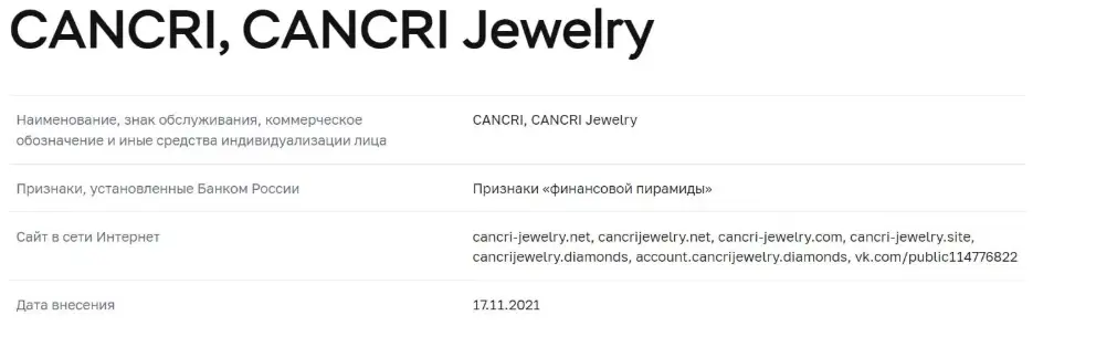 Cancri Jewelry обзор реестра инфо о реестре Cancri Jewelry