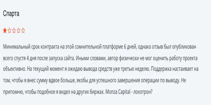 Monza Capital Limited отзыв клиента отзыв о Monza Capital Limited