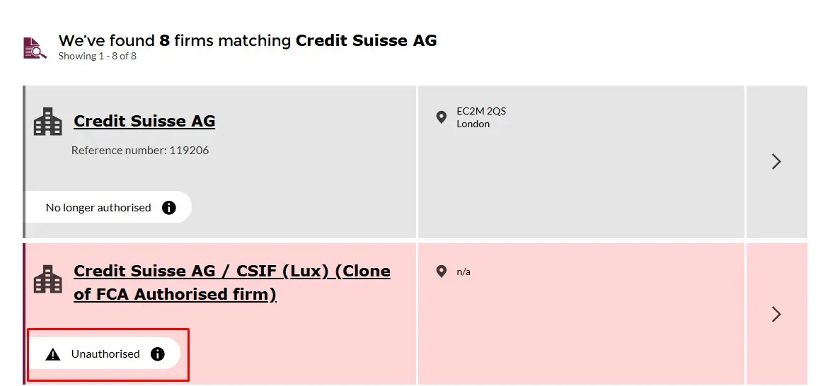 Проверка Credit Suisse AG в реестрах FCA Проверка Credit Suisse AG в реестрах FCA