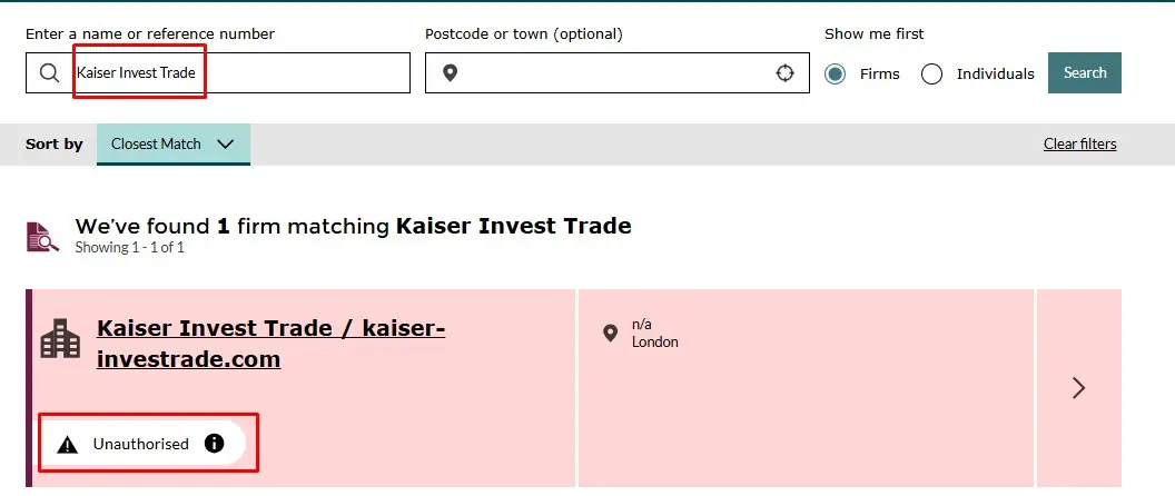 Проверка Kaiser Invest Trade в реестрах FCA Проверка Kaiser Invest Trade в реестрах FCA