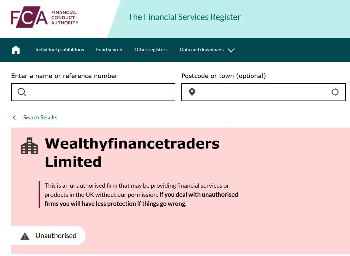 Проверка Wealthyfinancetraders в реестрах FCA Проверка Wealthyfinancetraders в реестрах FCA