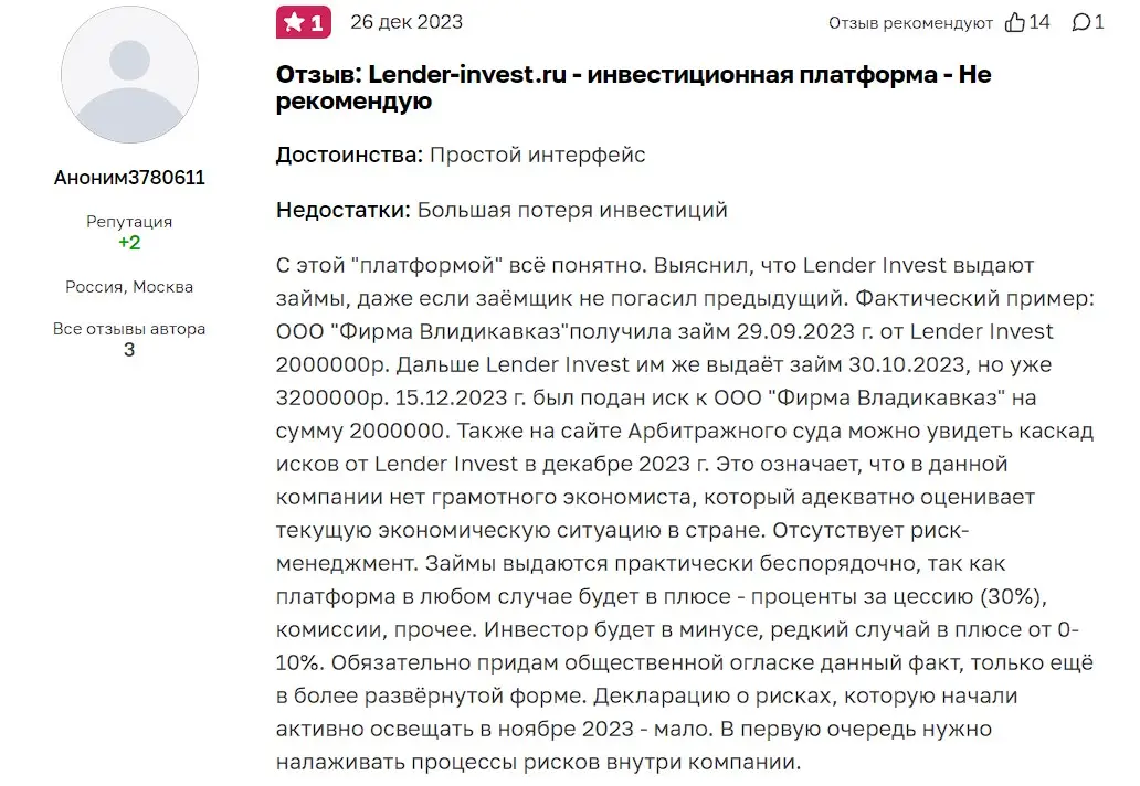Отзыв инвестора Отзыв инвестора