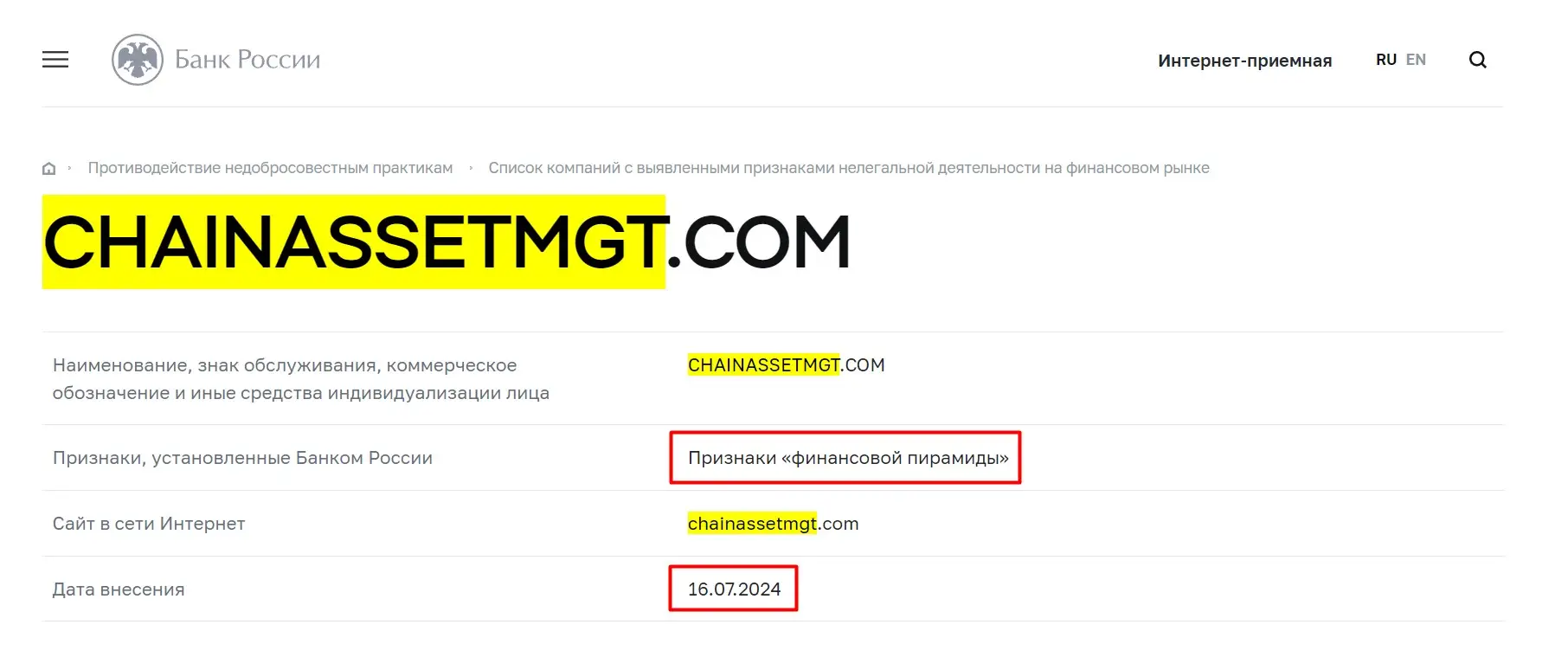 Проверка Chain Asset Management в реестрах ЦБ РФ