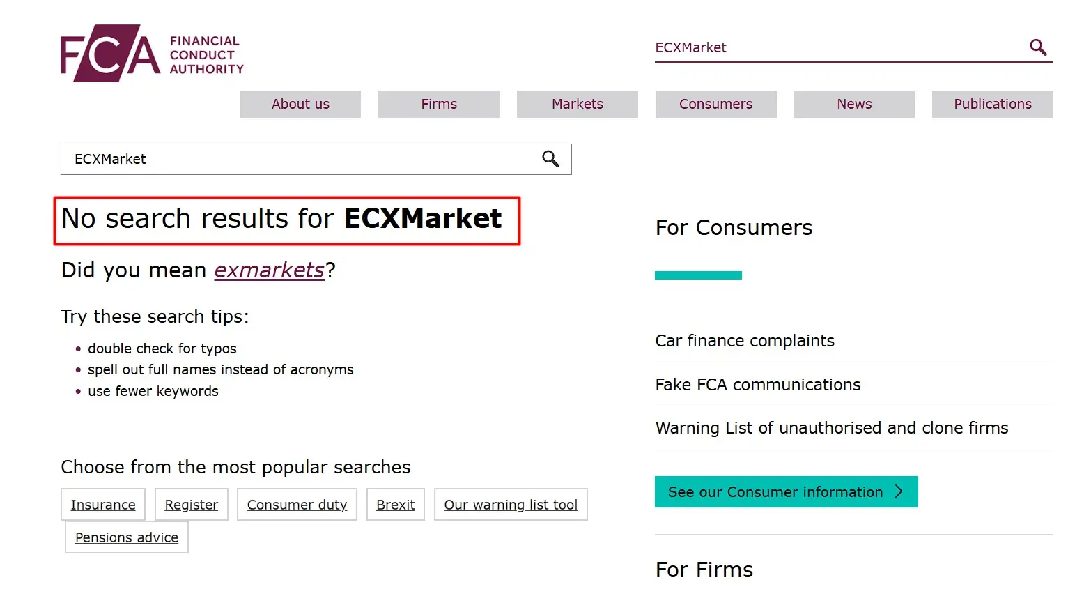 Проверка ECXMarket в реестрах FCA Проверка ECXMarket в реестрах FCA