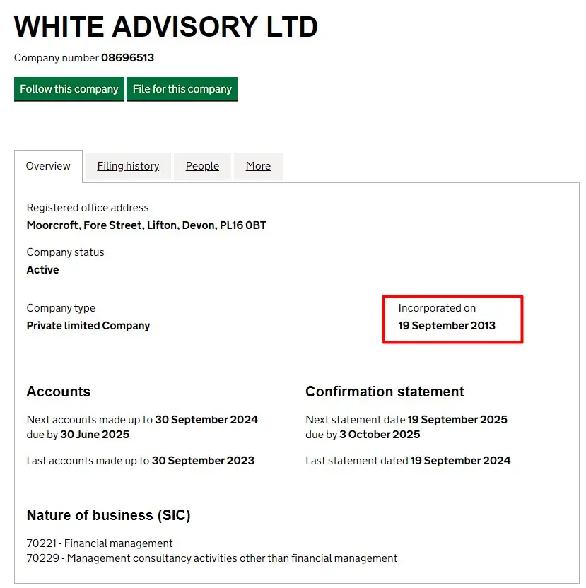 Проверка White Advisory в реестрах Companies House Проверка White Advisory в реестрах Companies House