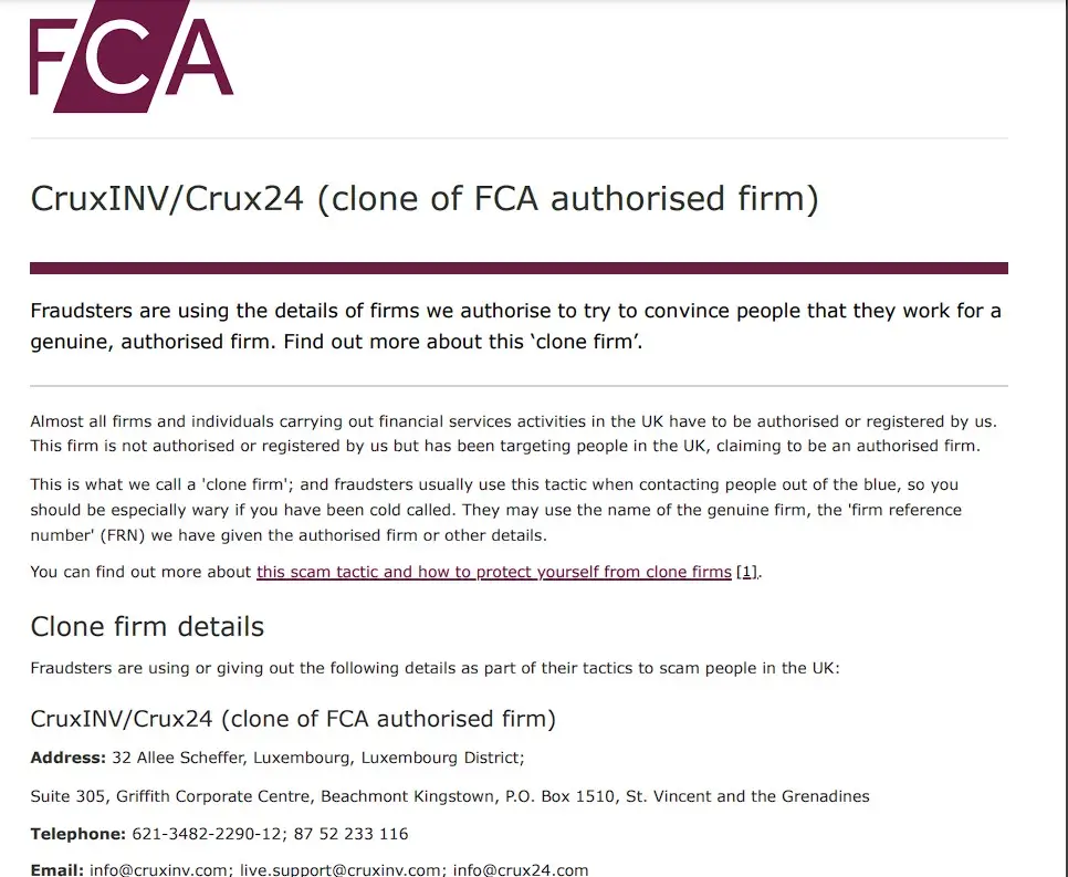 Проверка CruxINV в реестрах FCA Проверка CruxINV в реестрах FCA