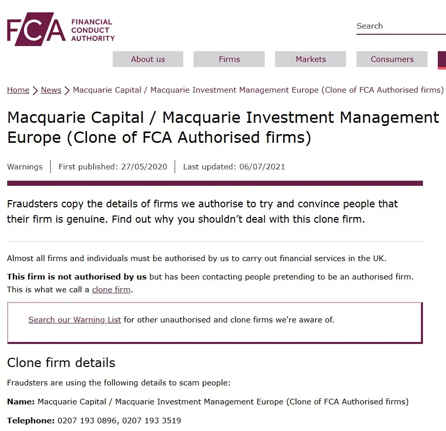 Проверка Macquarie Capital в реестрах FCA Проверка Macquarie Capital в реестрах FCA